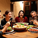 **

Prompt: A warmly lit Tuscan dinner scene. People are laughing and talking animatedly around a wooden table laden with Italian food and wine. No phones are visible. Focus on genuine human connection and joyful expressions. Soft, inviting atmosphere.

**