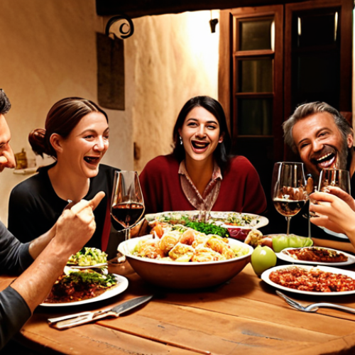 **

Prompt: A warmly lit Tuscan dinner scene. People are laughing and talking animatedly around a wooden table laden with Italian food and wine. No phones are visible. Focus on genuine human connection and joyful expressions. Soft, inviting atmosphere.

**