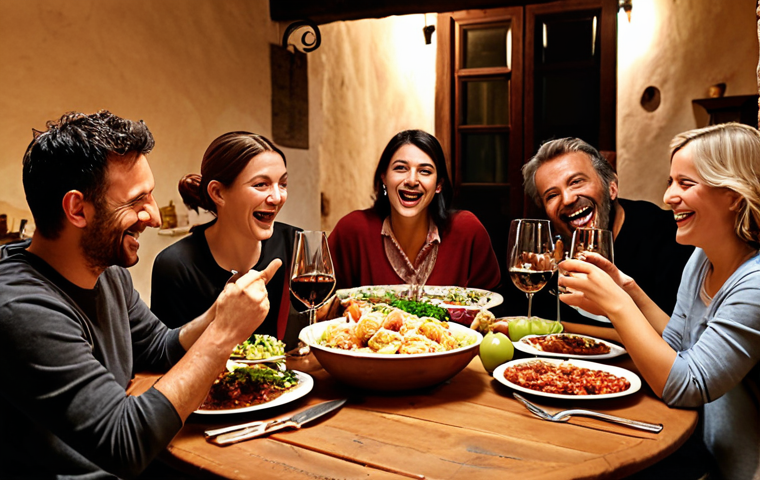 **

Prompt: A warmly lit Tuscan dinner scene. People are laughing and talking animatedly around a wooden table laden with Italian food and wine. No phones are visible. Focus on genuine human connection and joyful expressions. Soft, inviting atmosphere.

**