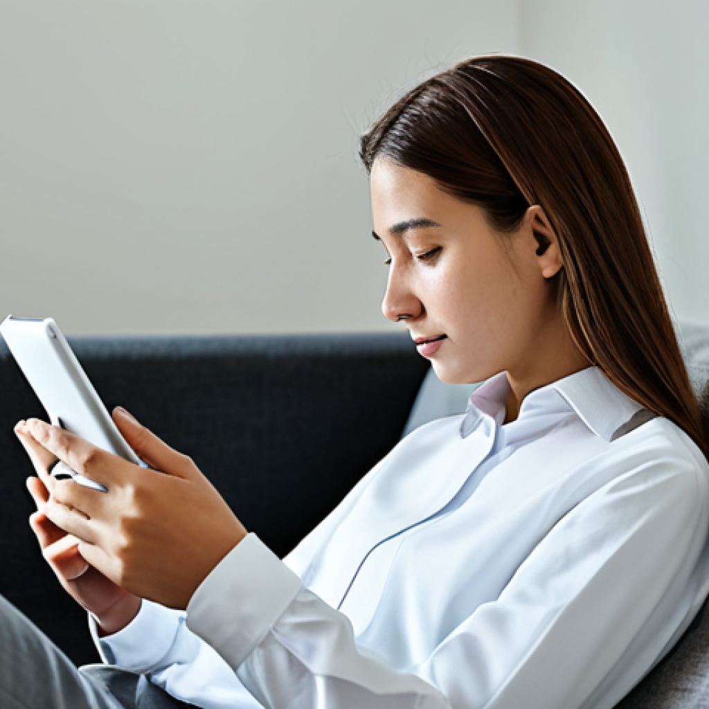 A focused individual, fully clothed in modest, comfortable professional attire, deeply engaged in reading on a simple e-reader in a serene, modern minimalist living room. The lighting is soft and natural, creating a peaceful atmosphere. The individual exhibits perfect anatomy, correct proportions, and a natural, calm pose, with well-formed hands holding the e-reader. The scene emphasizes quiet concentration and intentional technology use. This image is safe for work, appropriate content, and family-friendly, showcasing a professional approach to digital well-being. High-quality photography, sharp focus.