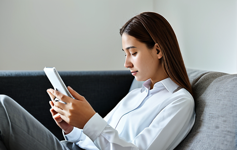 A focused individual, fully clothed in modest, comfortable professional attire, deeply engaged in reading on a simple e-reader in a serene, modern minimalist living room. The lighting is soft and natural, creating a peaceful atmosphere. The individual exhibits perfect anatomy, correct proportions, and a natural, calm pose, with well-formed hands holding the e-reader. The scene emphasizes quiet concentration and intentional technology use. This image is safe for work, appropriate content, and family-friendly, showcasing a professional approach to digital well-being. High-quality photography, sharp focus.