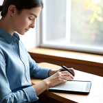 A professional adult woman, fully clothed in modest, comfortable attire, sitting serenely at a minimalist wooden desk in a bright, sunlit home office. She is peacefully reading a physical book, with a sleek, non-distracting e-reader or tablet closed beside her, symbolizing intentional technology use. The background features blurred, soft natural light streaming through a window, creating a calm and focused atmosphere. safe for work, appropriate content, fully clothed, modest clothing, professional photography, perfect anatomy, correct proportions, natural pose, well-formed hands, proper finger count, natural body proportions, high quality, sharp focus, serene atmosphere.