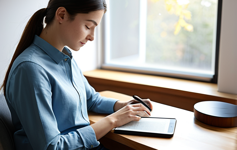 A professional adult woman, fully clothed in modest, comfortable attire, sitting serenely at a minimalist wooden desk in a bright, sunlit home office. She is peacefully reading a physical book, with a sleek, non-distracting e-reader or tablet closed beside her, symbolizing intentional technology use. The background features blurred, soft natural light streaming through a window, creating a calm and focused atmosphere. safe for work, appropriate content, fully clothed, modest clothing, professional photography, perfect anatomy, correct proportions, natural pose, well-formed hands, proper finger count, natural body proportions, high quality, sharp focus, serene atmosphere.