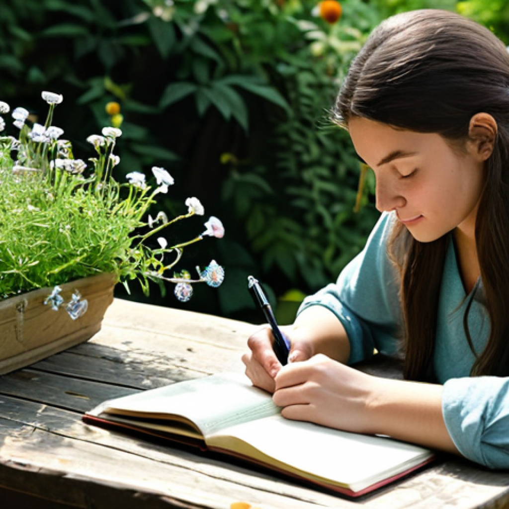 **
"A serene scene of a woman fully clothed in comfortable, modest clothing, sitting in a sunlit garden, surrounded by flourishing plants and flowers. She is mindfully writing in a journal with a fountain pen. A cup of herbal tea sits beside her on a rustic wooden table. Soft, natural lighting. Perfect anatomy, correct proportions, well-formed hands, proper finger count, natural pose, safe for work, appropriate content, professional, family-friendly, fully clothed."
**
