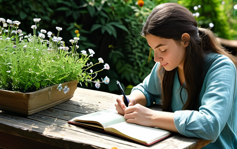 **
"A serene scene of a woman fully clothed in comfortable, modest clothing, sitting in a sunlit garden, surrounded by flourishing plants and flowers. She is mindfully writing in a journal with a fountain pen. A cup of herbal tea sits beside her on a rustic wooden table. Soft, natural lighting. Perfect anatomy, correct proportions, well-formed hands, proper finger count, natural pose, safe for work, appropriate content, professional, family-friendly, fully clothed."
**