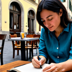 **

"A woman in her late 30s, wearing comfortable, stylish yet modest clothing (linen pants, a simple cotton top, perhaps a light scarf), is sitting at a cafe table on a piazza in Florence. She's writing in a Moleskine notebook with a fountain pen.  A half-finished cappuccino is beside her. In the background, soft focus on other cafe patrons and the Duomo. The overall mood is peaceful, contemplative, and focused. No phone in sight. Appropriate attire, fully clothed, safe for work, perfect anatomy, natural pose, professional photography, high quality, family-friendly, appropriate content."

**