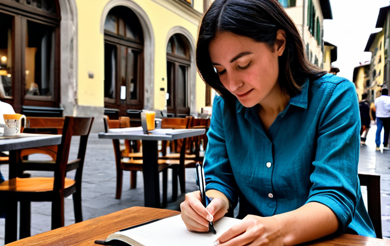 **
"A woman in her late 30s, wearing comfortable, stylish yet modest clothing (linen pants, a simple cotton top, perhaps a light scarf), is sitting at a cafe table on a piazza in Florence. She's writing in a Moleskine notebook with a fountain pen. A half-finished cappuccino is beside her. In the background, soft focus on other cafe patrons and the Duomo. The overall mood is peaceful, contemplative, and focused. No phone in sight. Appropriate attire, fully clothed, safe for work, perfect anatomy, natural pose, professional photography, high quality, family-friendly, appropriate content."
**