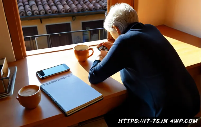 Home 15 느림의 테크놀로지 적용을 위한 팁 - Photorealistic Italian home office at golden morning light, an older adult calmly placing a smartpho...