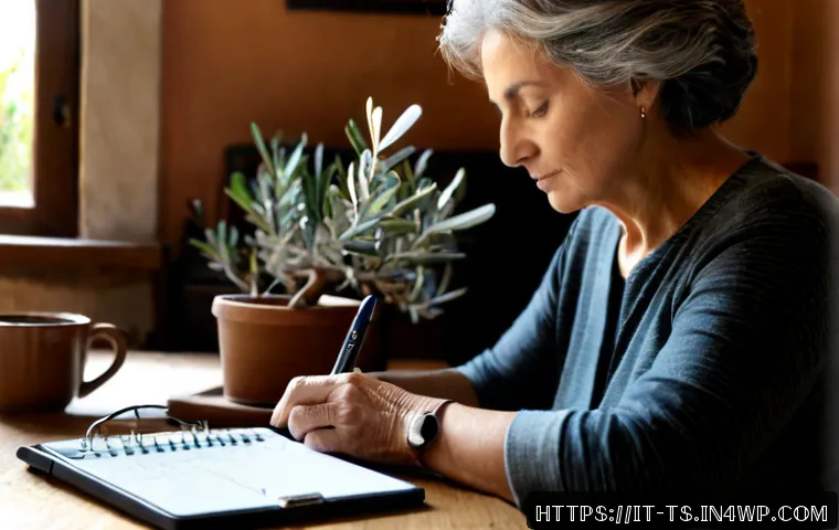Home 16 느림의 테크놀로지의 주요 원칙 - Photorealistic Italian home office in soft morning light, an older Italian woman calmly using a simp...