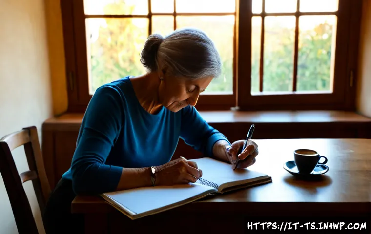 Home 17 느림의 테크놀로지와 디지털 사회 - Photorealistic Italian home workspace at sunrise, an older Italian woman calmly writing in a paper n...