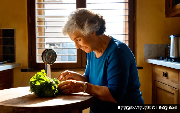 Home 17 느림의 테크놀로지의 적용 사례 - Photorealistic Italian family kitchen in Florence, an elderly woman calmly preparing fresh vegetable...